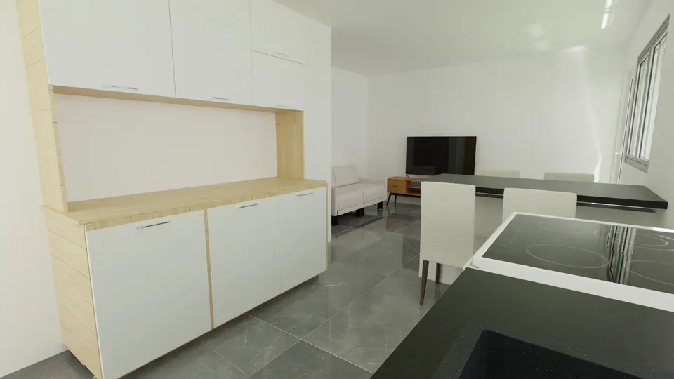 Casa Andiroba: Cozinha americana com cooktop no balcão, aberta para a sala