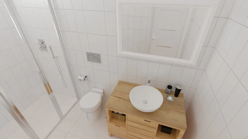 Casa Angico: Banheiro com box de vidro e bancada de madeira