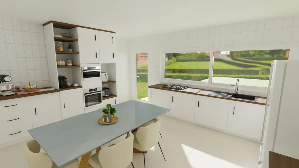 Casa Araucária: Cozinha com armários até o teto, mesa de jantar e janela ampla