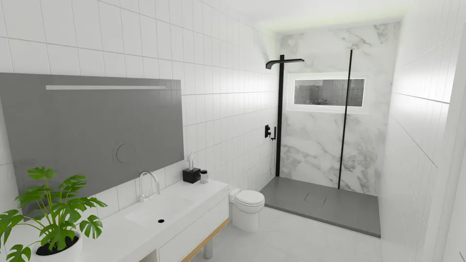 Casa Araucária: Banheiro com box de vidro e bancada ampla