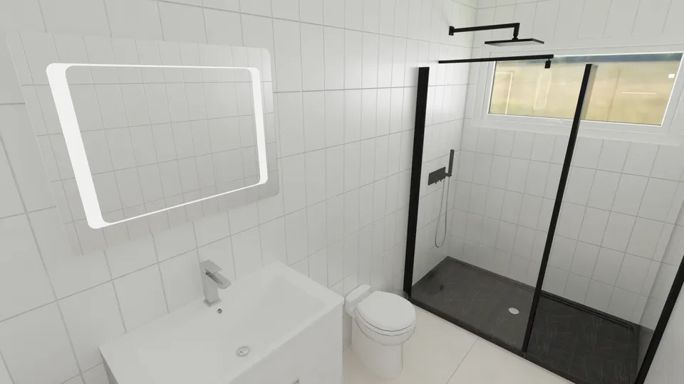 Casa Araucária: Banheiro com box de vidro e janela