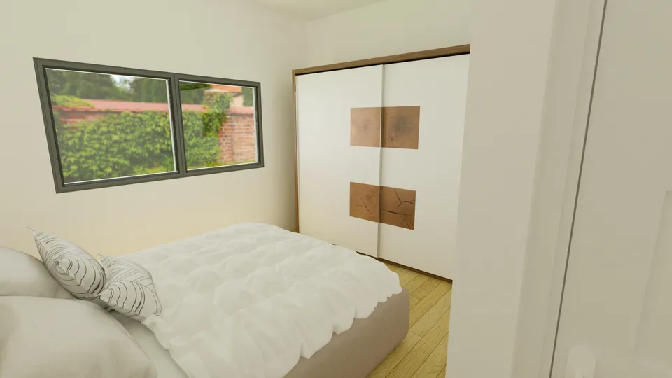 Casa Aroeira: Suíte com guarda-roupa de portas de correr e janela para o jardim