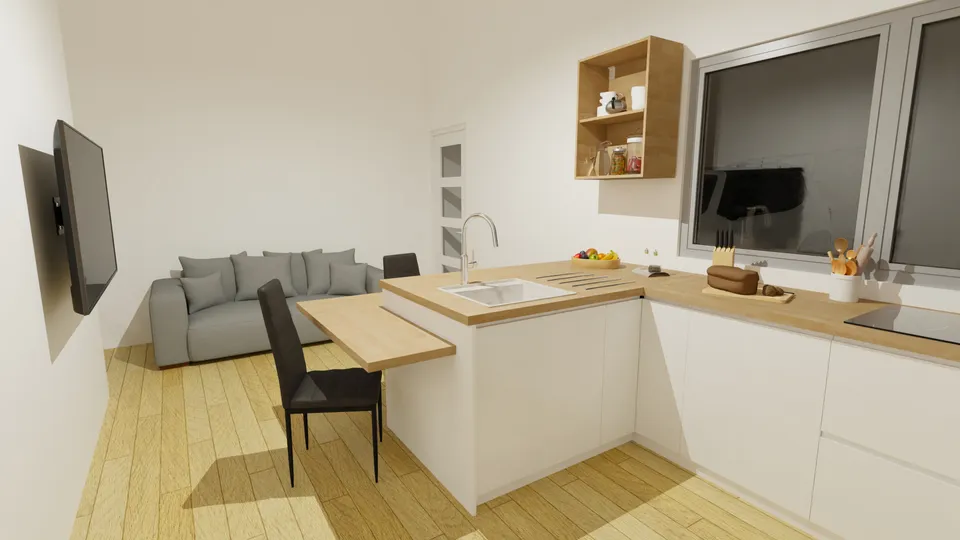 Casa Babaçu: Sala e cozinha integradas, com bancada para refeições