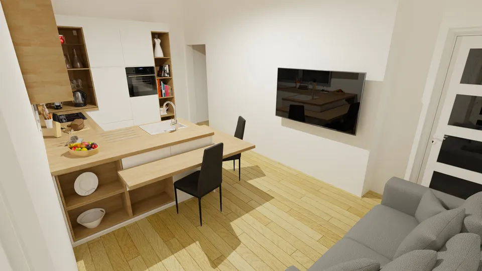 Casa Babaçu: Cozinha com bancada e a sala de TV integrada