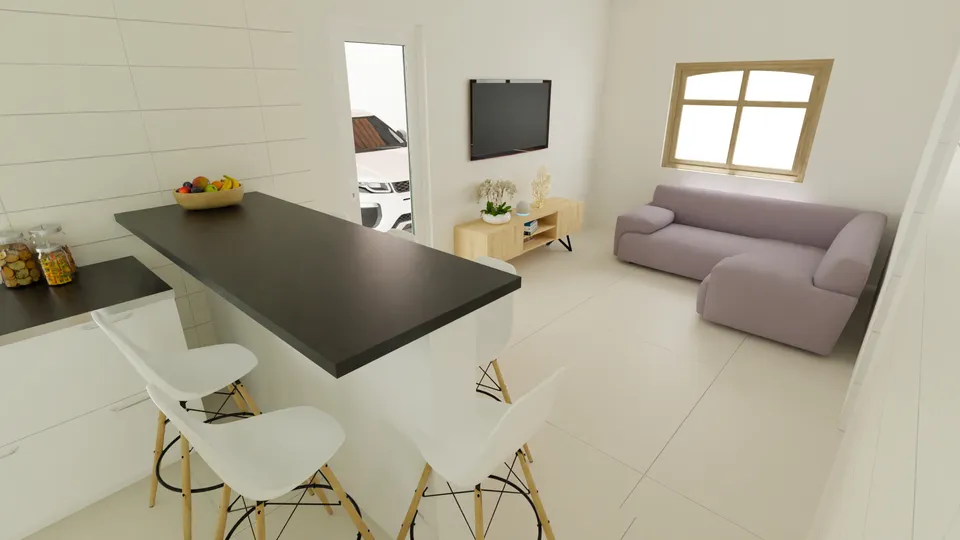 Casa Bacuri: Cozinha americana com balcão e vista para a sala