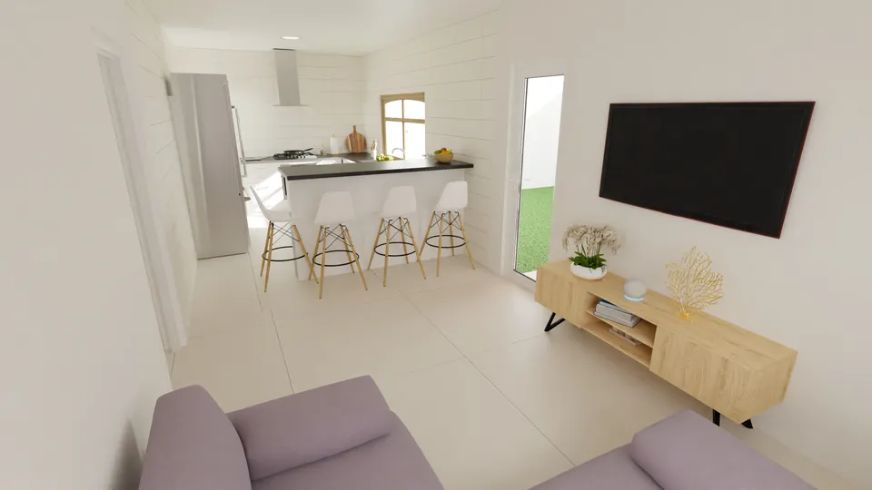 Casa Bacuri: Sala com TV integrada à cozinha