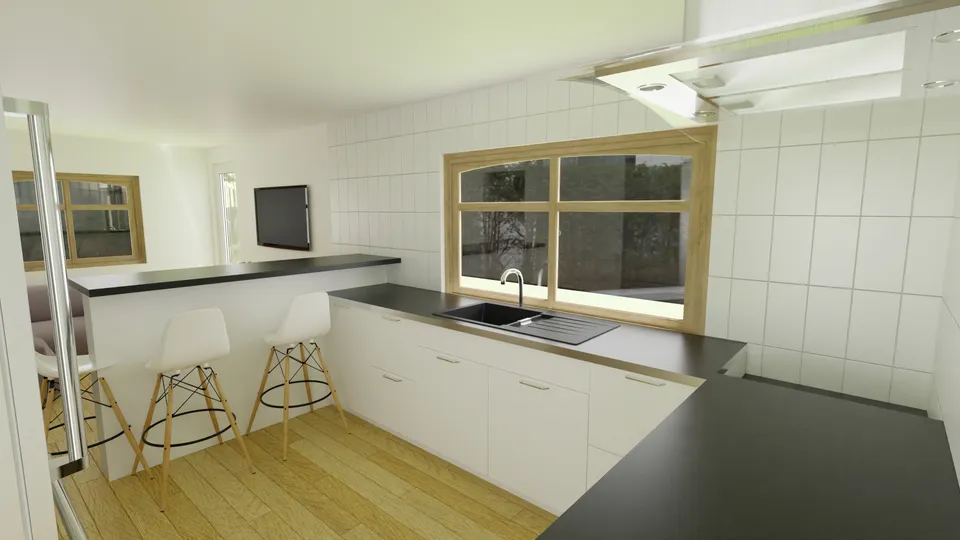 Casa Baraúna: Cozinha com balcão para refeições e janela ampla