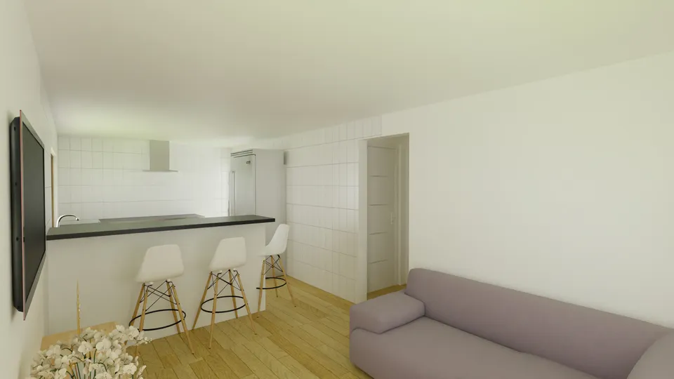Casa Baraúna: Sala com sofá e a cozinha americana ao fundo