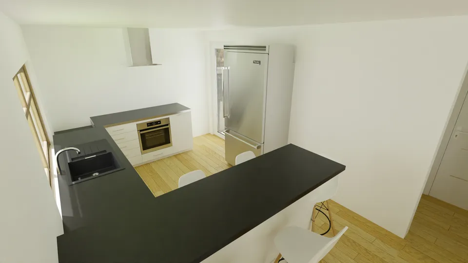 Casa Baraúna: Cozinha em L com forno embutido e geladeira de inox