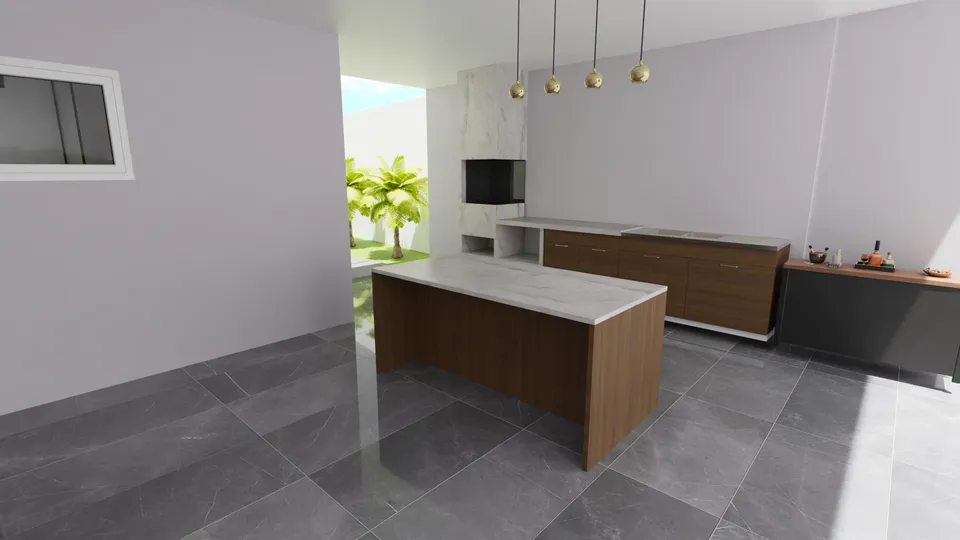 Casa Buriti: Área gourmet com ilha central, bancada e iluminação pendente