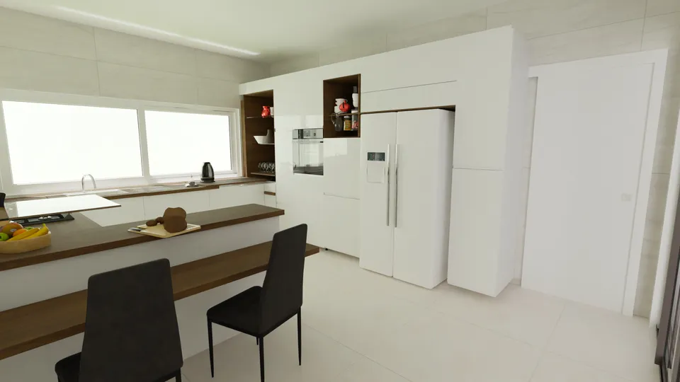 Casa Buriti: Cozinha com bancada para refeições e janela ampla