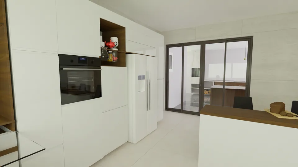 Casa Buriti: Cozinha com torre de forno e porta de vidro