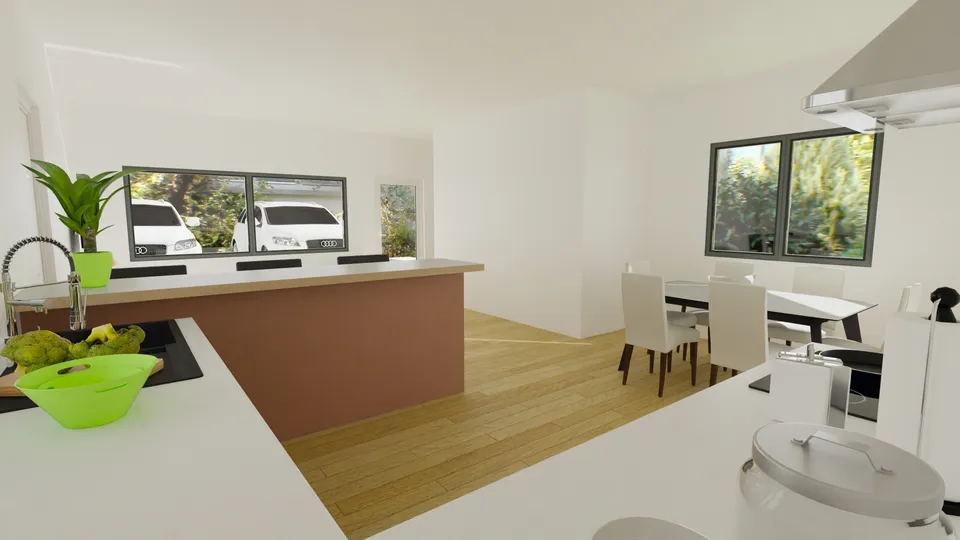 Casa Cabreúva: Cozinha com ilha, banquetas e mesa de jantar