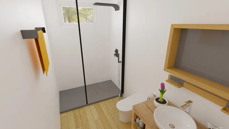 Casa Cabreúva: Banheiro do pavimento superior com box de vidro e bancada de madeira