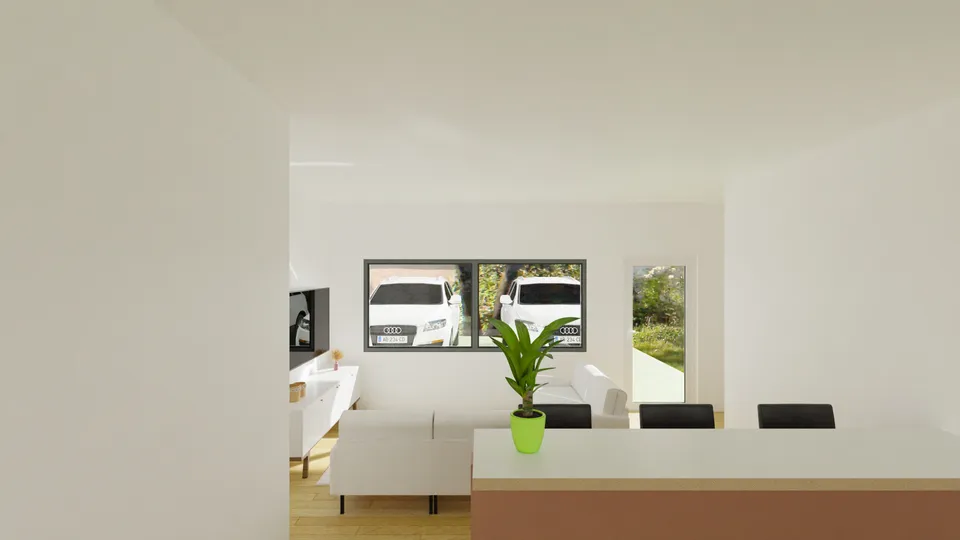Casa Cajueiro: Sala e cozinha integradas com balcão para refeições