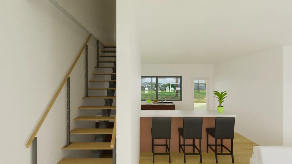 Casa Cajueiro: Escada vazada e balcão da cozinha
