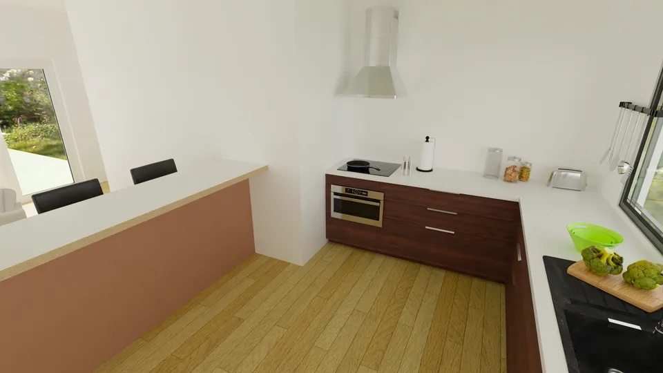 Casa Cajueiro: Cozinha em L com armários amadeirados