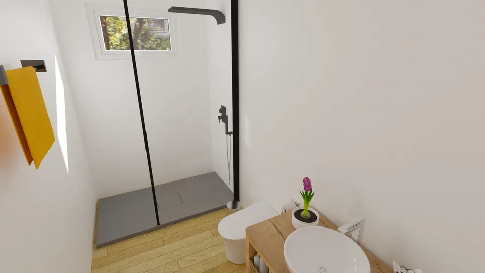 Casa Cajueiro: Banheiro com box e bancada de madeira