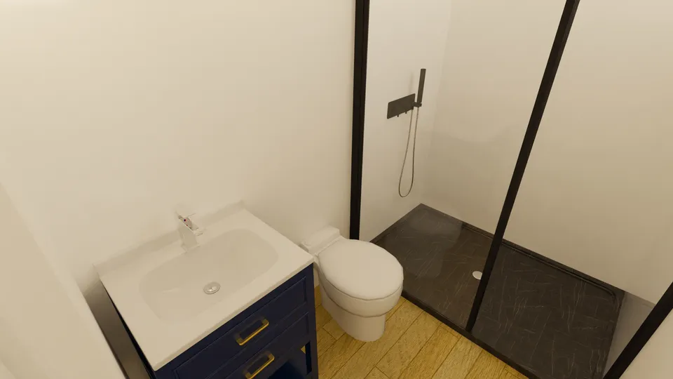 Casa Cambuci: Banheiro com box de vidro e gabinete azul