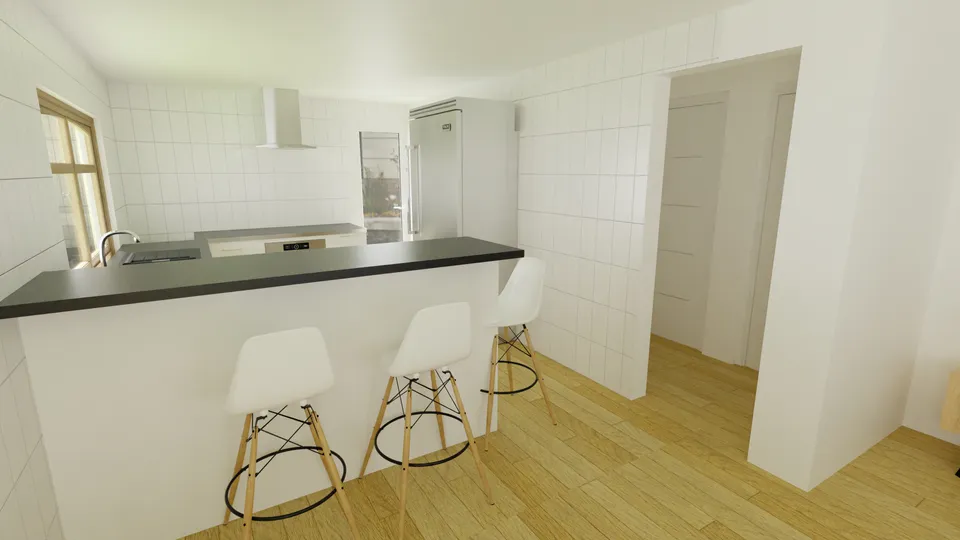 Casa Canela: Cozinha americana com balcão para refeições