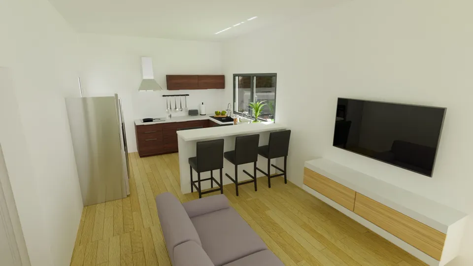 Casa Cedro: Sala de estar com TV e a cozinha americana ao fundo