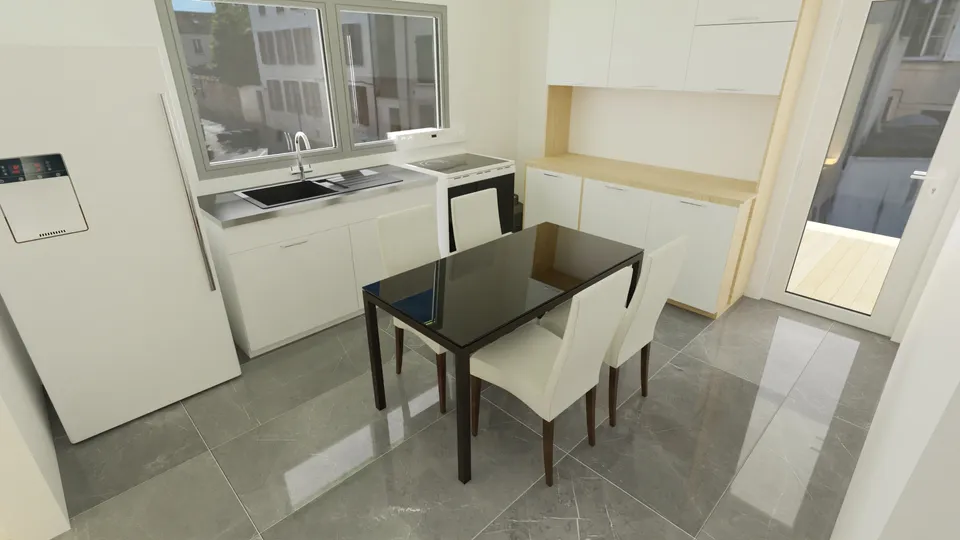 Casa Cerejeira: Cozinha com mesa de jantar e janela ampla