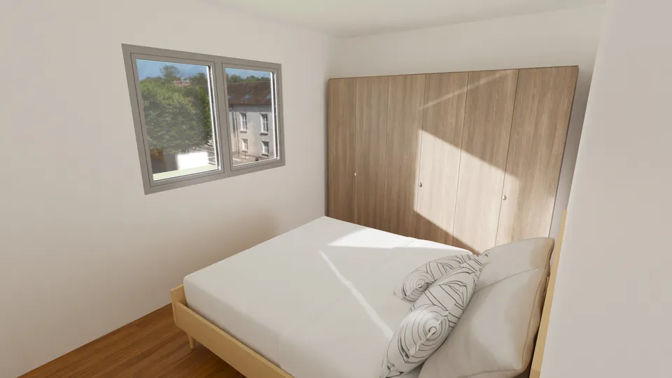 Casa Cerejeira: Quarto com guarda-roupa amadeirado e janela