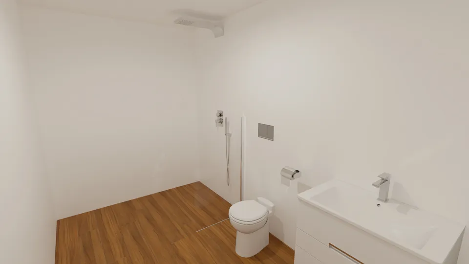 Casa Cerejeira: Banheiro com box e piso amadeirado