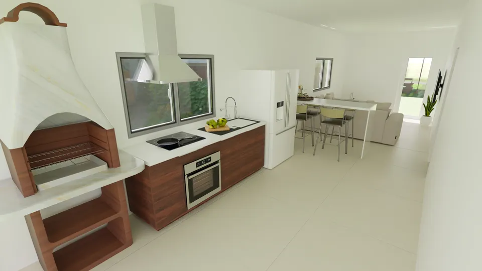 Casa Copaíba: Cozinha com churrasqueira integrada à sala