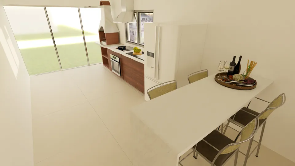 Casa Copaíba: Cozinha com balcão para refeições e porta de vidro