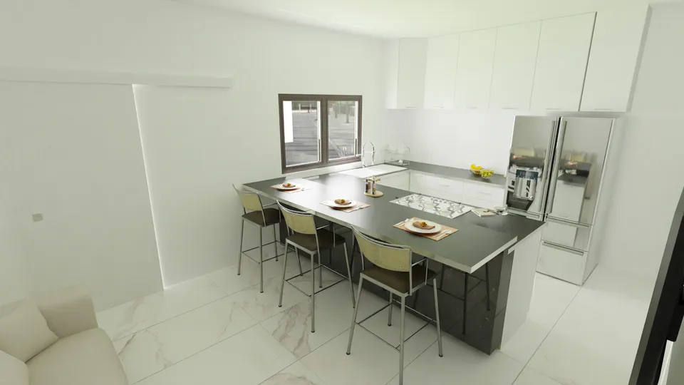 Casa Embaúba: Cozinha com ilha e banquetas integrada à sala
