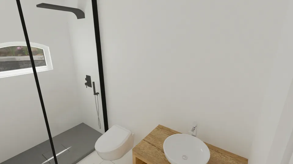 Casa Embaúba: Banheiro com box de vidro e bancada de madeira
