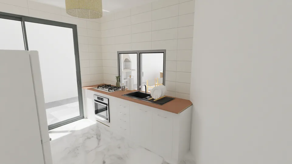 Casa Grumixama: Cozinha com bancada e janela