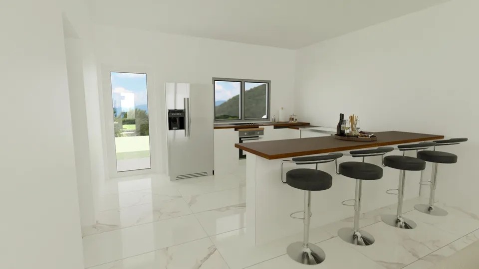 Casa Guatambu: Cozinha com ilha e banquetas