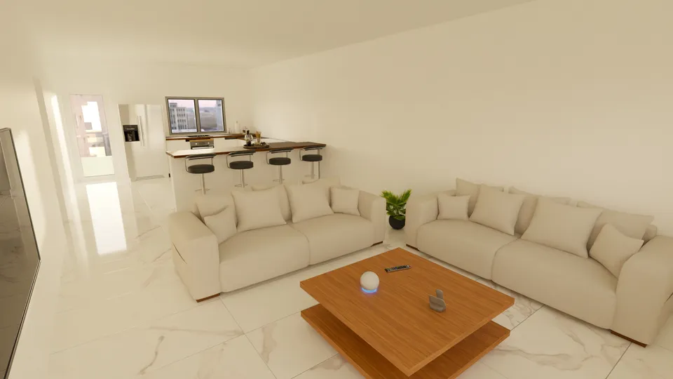 Casa Guatambu: Sala de estar com sofás e a cozinha integrada ao fundo