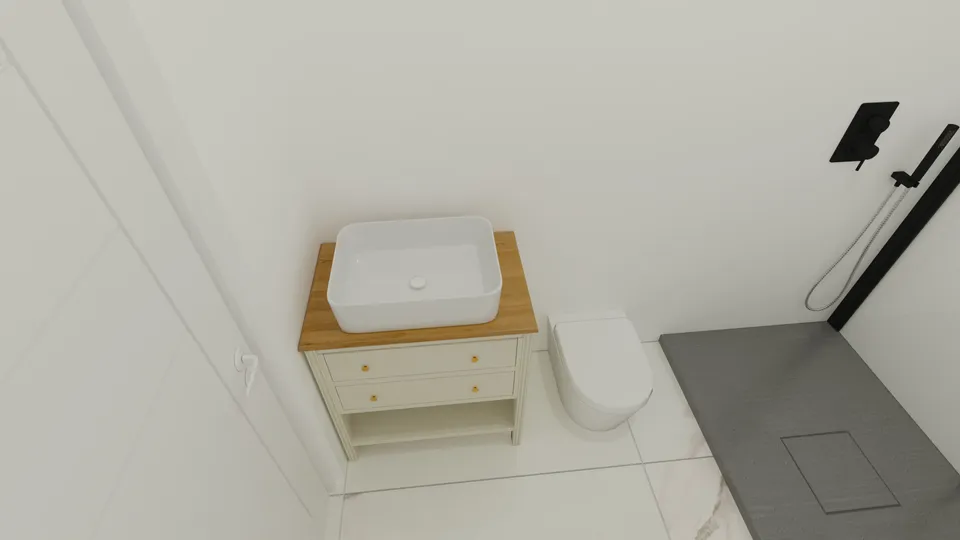 Casa Guatambu: Banheiro com bancada de madeira e box