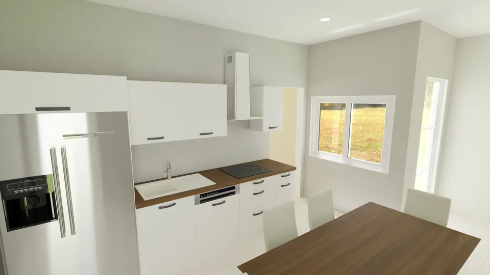 Casa Imbuia: Cozinha com mesa de jantar e geladeira duplex