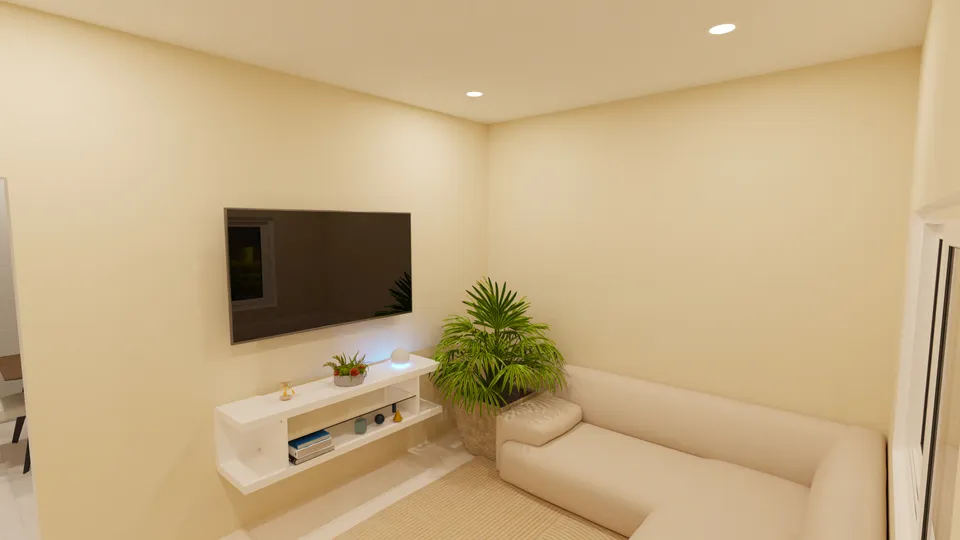 Casa Imbuia: Sala de estar com sofá e painel de TV