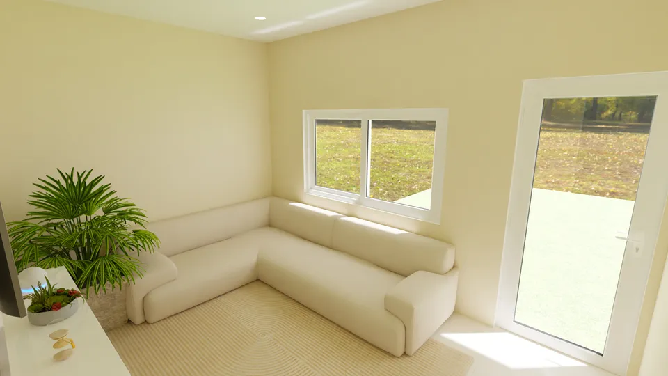 Casa Imbuia: Sala com sofá de canto e porta de vidro