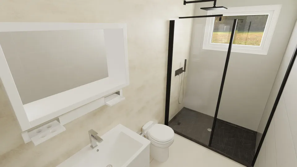 Casa Imbuia: Banheiro com box de vidro e janela