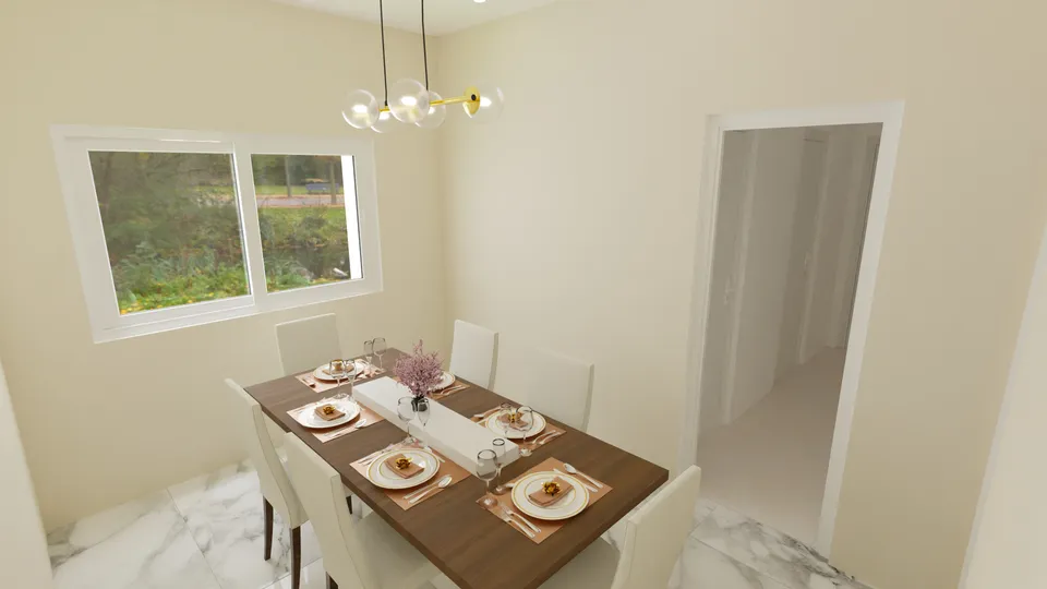 Casa Jacarandá: Sala de jantar com mesa posta e janela ampla