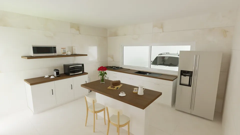 Casa Jacarandá: Cozinha com ilha central e bancada em L
