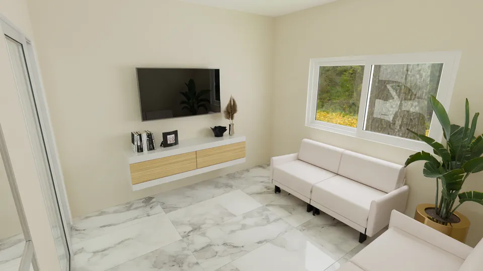 Casa Jacarandá: Sala de estar com painel de TV e janela ampla