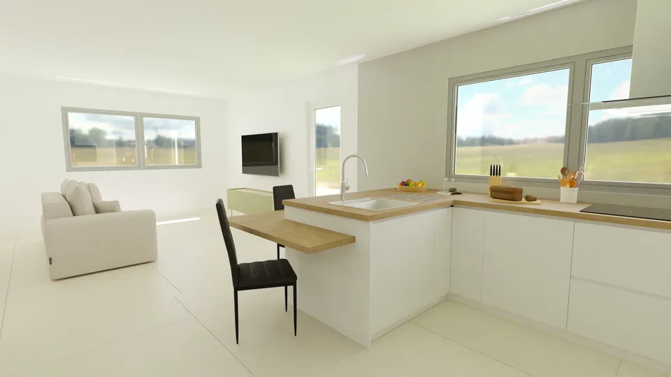 Casa Jatobá: Cozinha com bancada em L e mesa de apoio, aberta para a sala