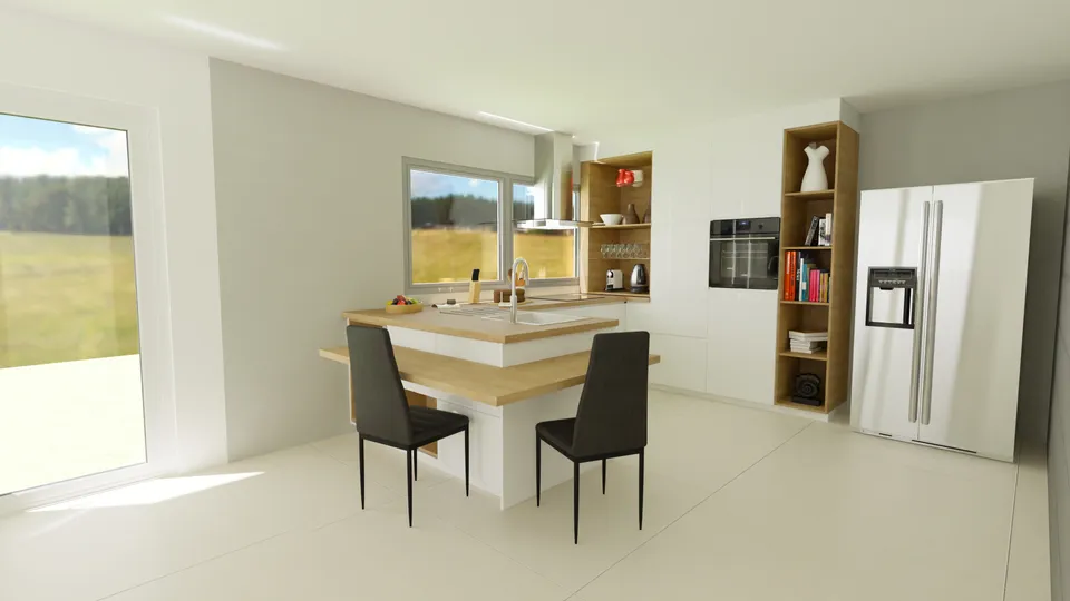 Casa Jatobá: Cozinha com ilha para refeições e porta de vidro para a área externa
