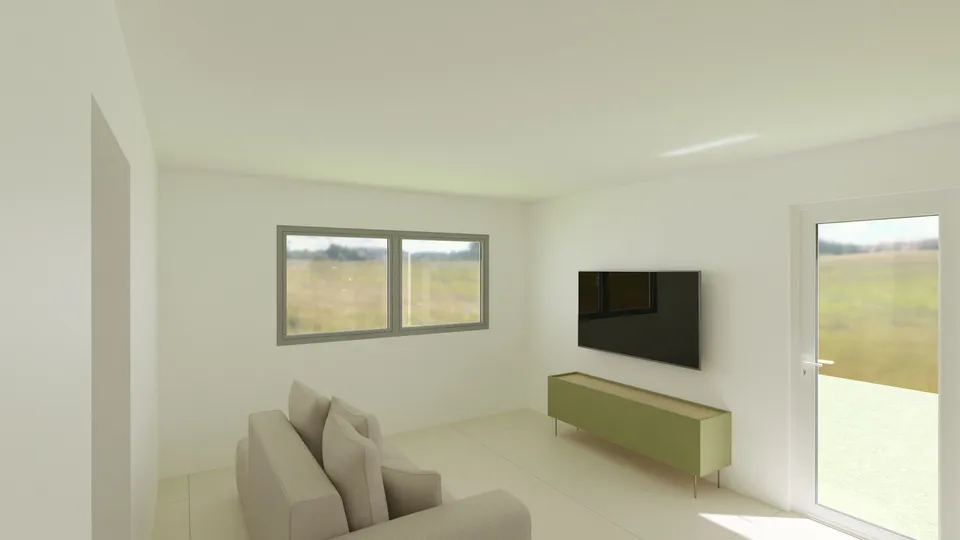 Casa Jatobá: Sala de estar com TV e porta de vidro para a área externa