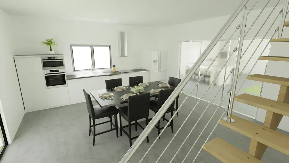 Casa Jenipapo: Cozinha com mesa de jantar e escada vazada