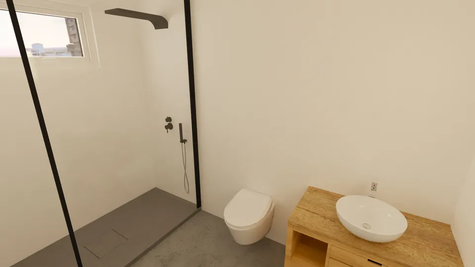 Casa Jenipapo: Banheiro social com box e bancada de madeira