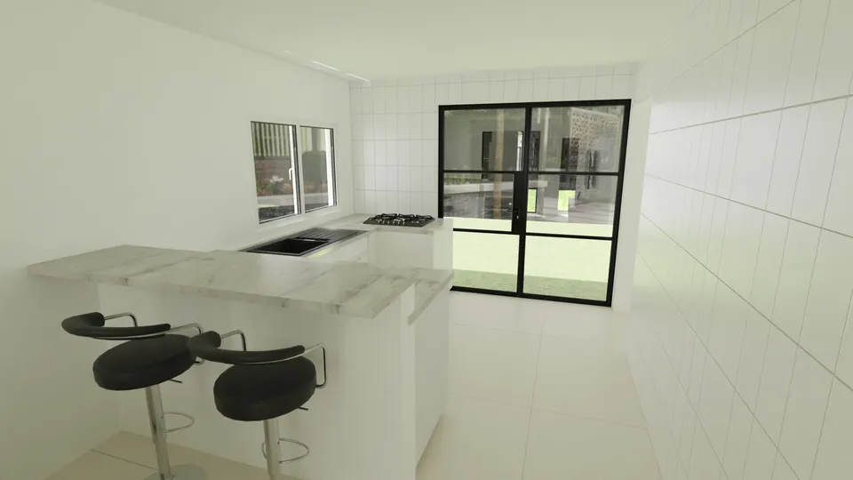 Casa Jequitibá: Cozinha com balcão para refeições e porta de vidro