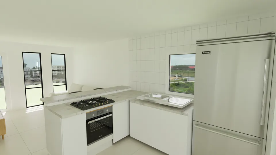 Casa Jequitibá: Bancada em L com forno embutido e geladeira de inox